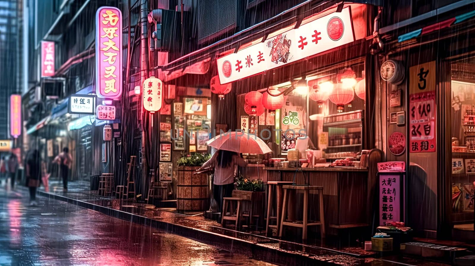 A city street with neon signs and people walking in the rain. Scene is somewhat melancholic, as the rain seems to dampen the atmosphere