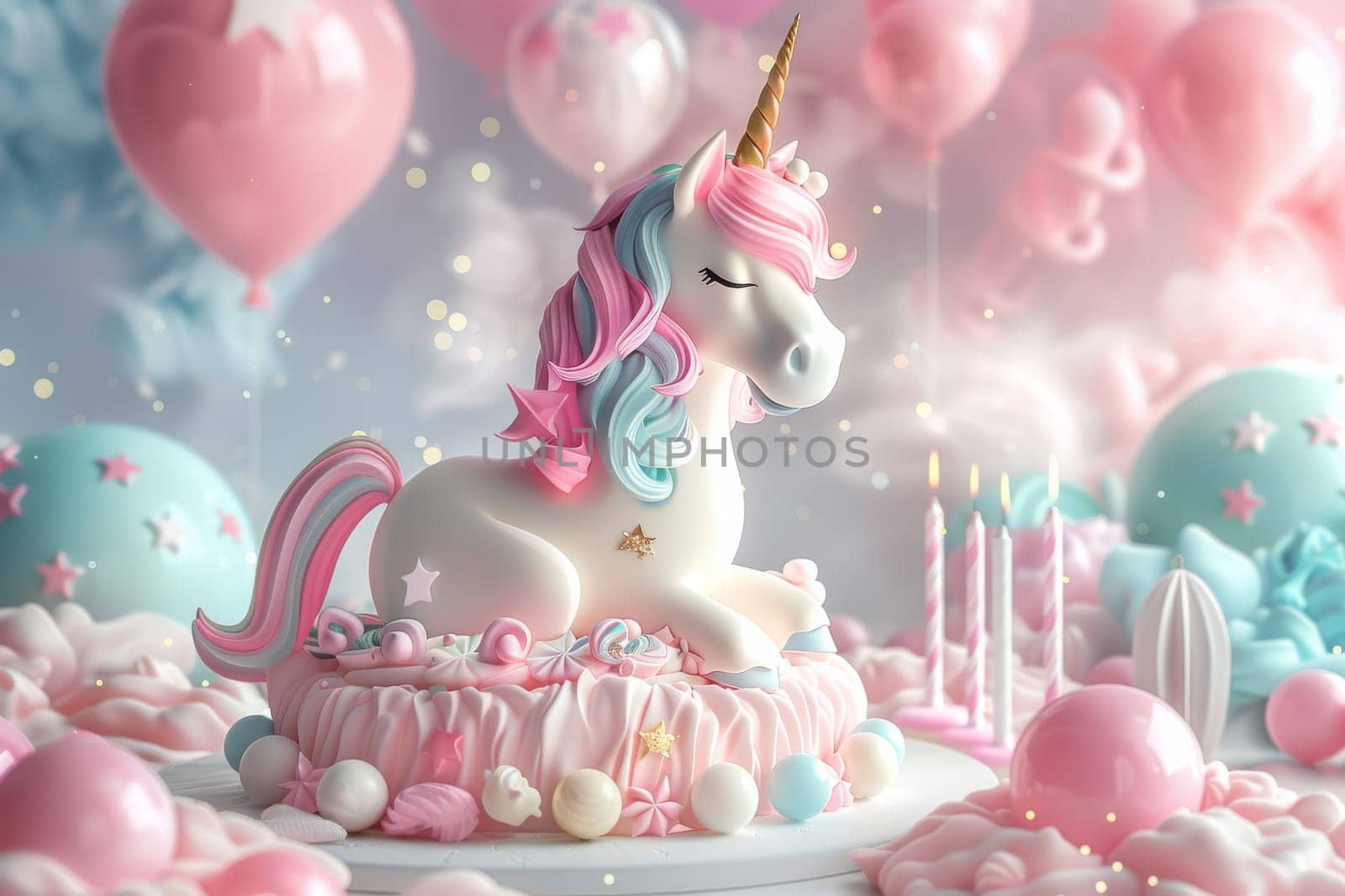 A unicorn cake with rainbow frosting sits on a white plate on a table. The cake is surrounded by colorful balloons and streamers, creating a festive and playful atmosphere