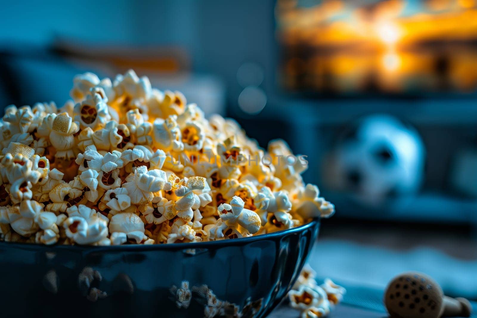 A bowl of popcorn and a glass of beer on a table. The scene is casual and relaxed, perfect for a movie night or a night in with friends