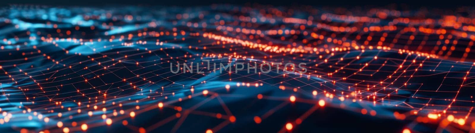 network lines and dots of global connectivity and data transmission. by Manastrong