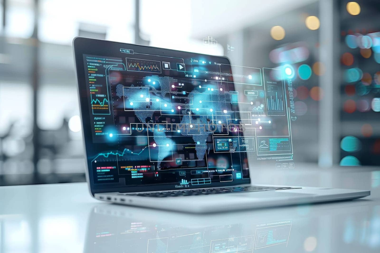 A laptop screen shows a map of the world with a lot of data on it. Concept of a complex and interconnected world, with various data points and information being displayed