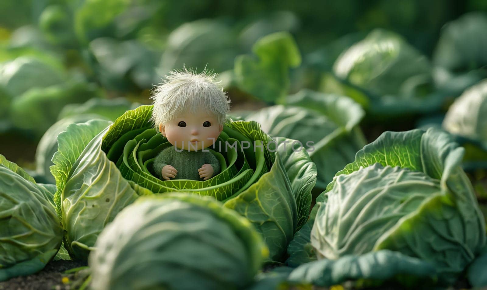 3D cartoon, a child in a head of cabbage. by Fischeron