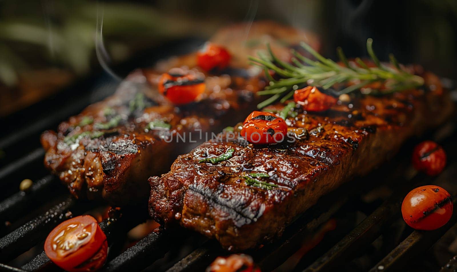 Pieces of meat cooked on the grill. by Fischeron