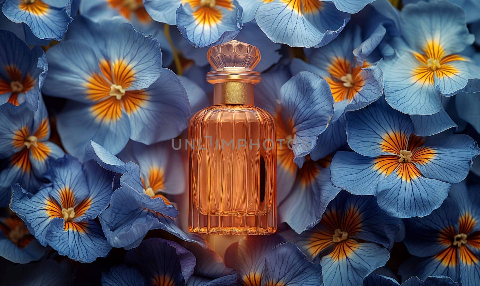 Elegant perfume bottle among flowers in retro style. by Fischeron