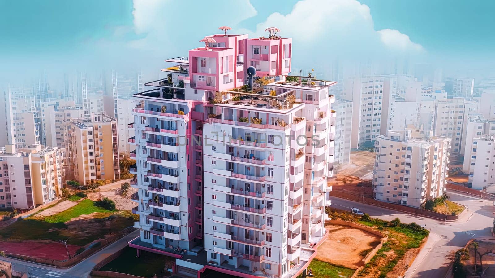 A large pink building with a green roof sits in front of a city skyline. The building is surrounded by other buildings, and the city appears to be a mix of residential and commercial areas