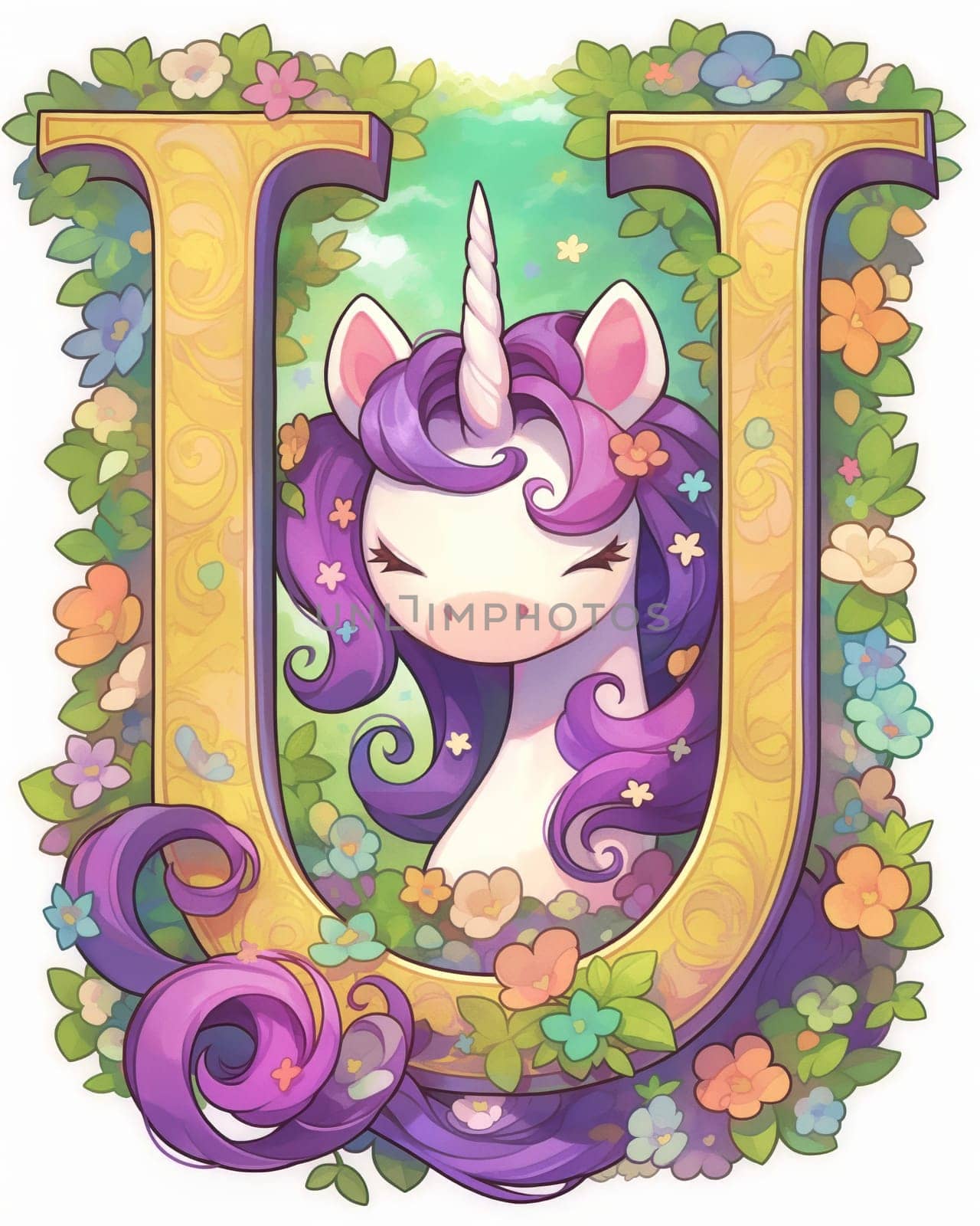 Illustration of a unicorn and the letter "U", learning the alphabet. by Fischeron