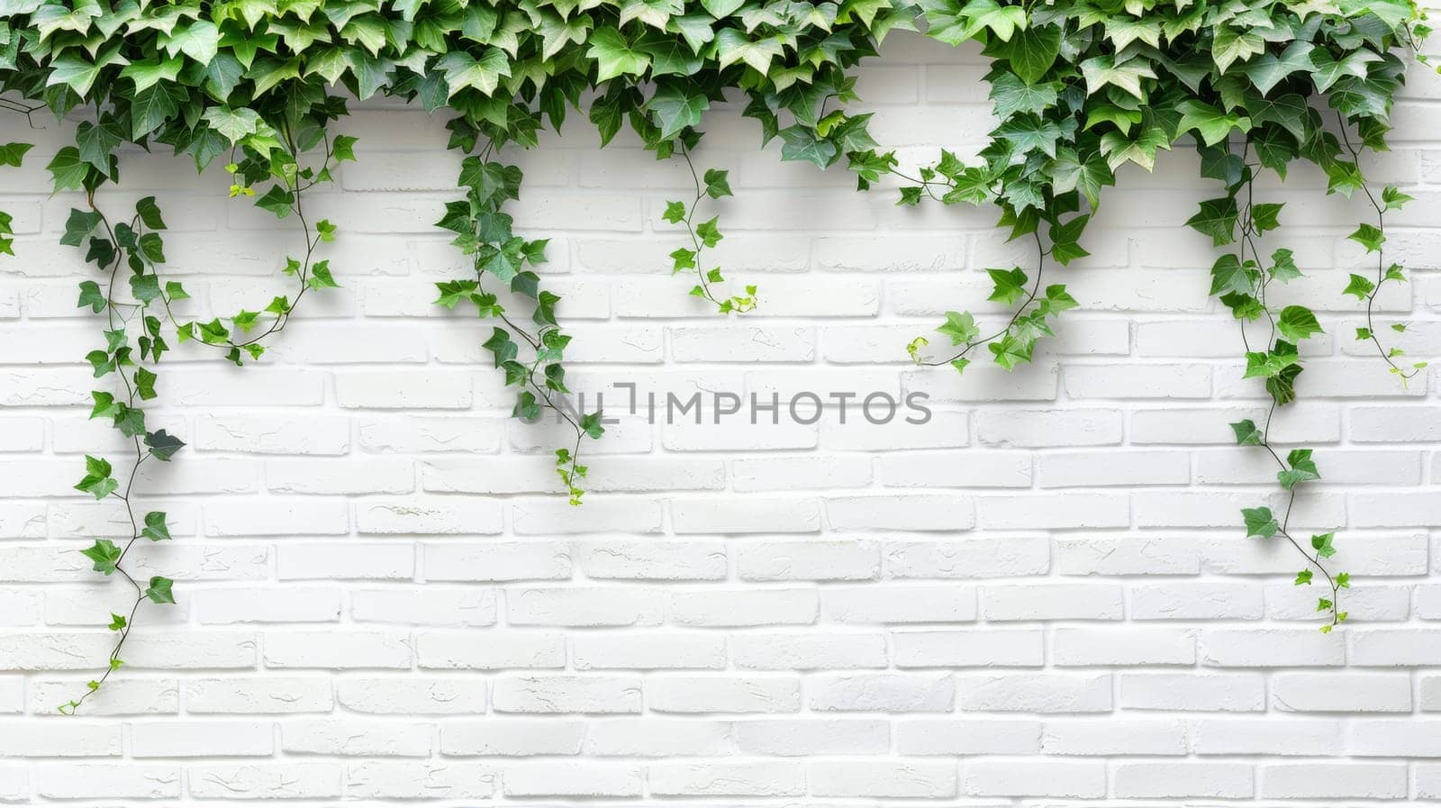 Green ivy vines on white brick wall, minimalist design. Nature and decor concept.