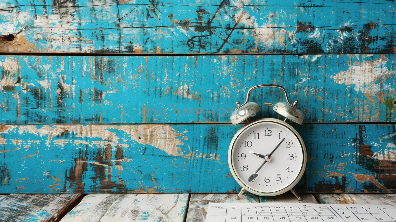 Timeline Background White Analog Alarm Clock on Calendar with Grunge Blue Background Concept Business Meeting Schedule Travel Planning and Project Milestone Reminder.