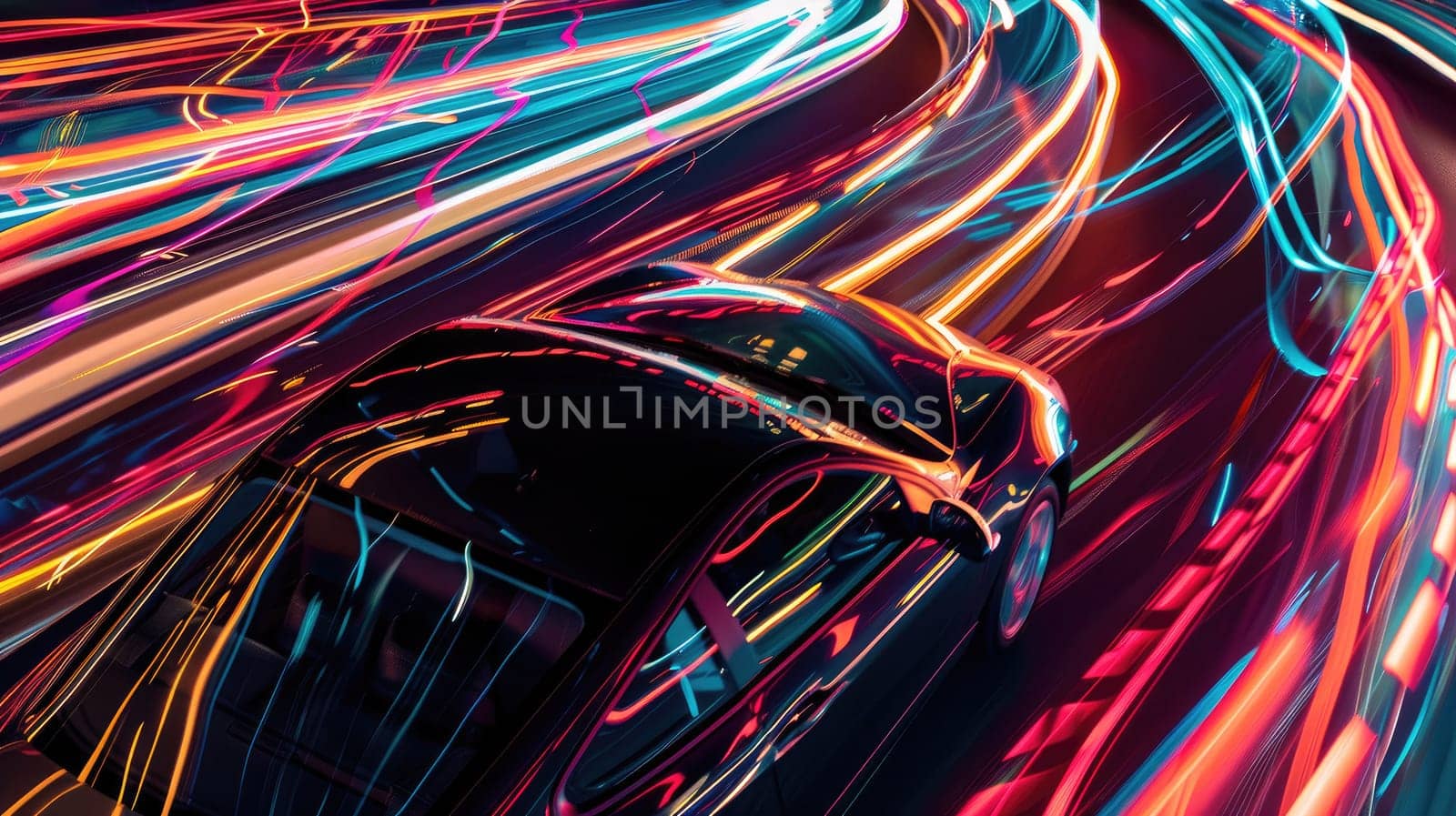 A car is speeding down a road with a blurred background.