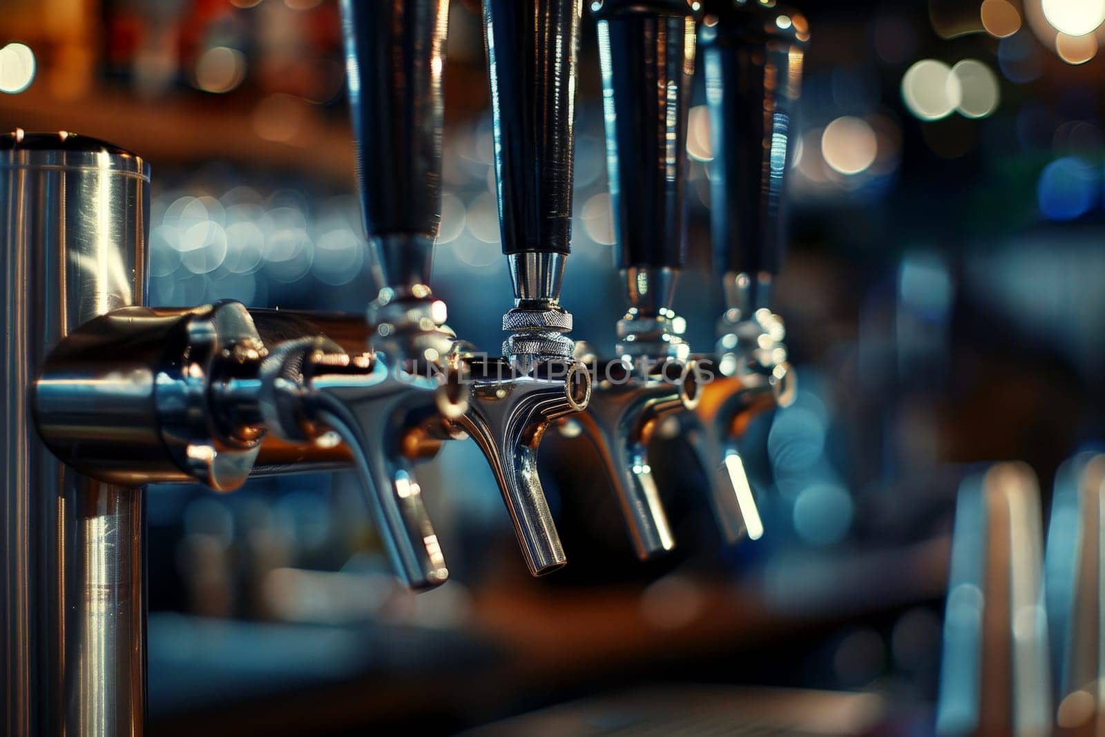 Closeup of beer tap handles lines in a bar against a dark background.