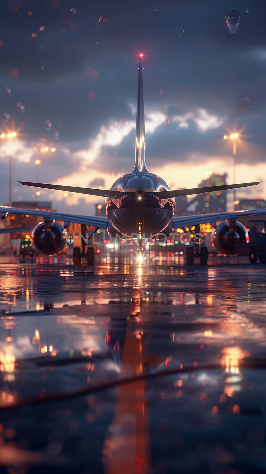 A large cargo airplane is sitting on a wet runway. Transportation concept. by itchaznong