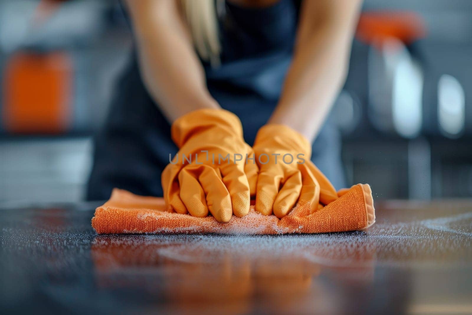 A woman is cleaning a table with a towel. She is wearing an apron and gloves. The table is covered in a white powder