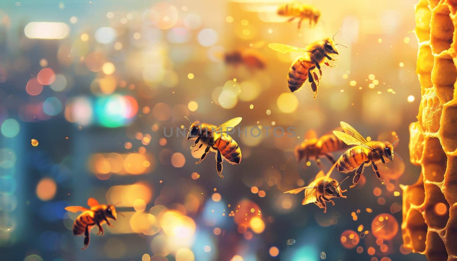 Closeup of bees flying around honeycomb in futuristic city, Concept of urban beekeeping by AI generated image.