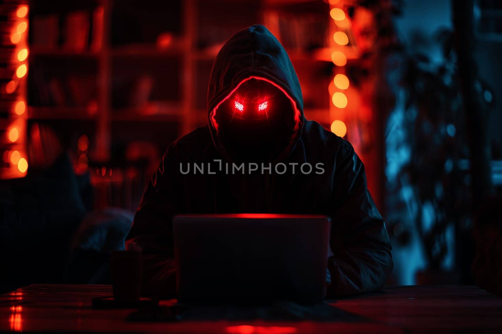 Hooded hacker with red eye using computer in dark room. Cybercrime concept..