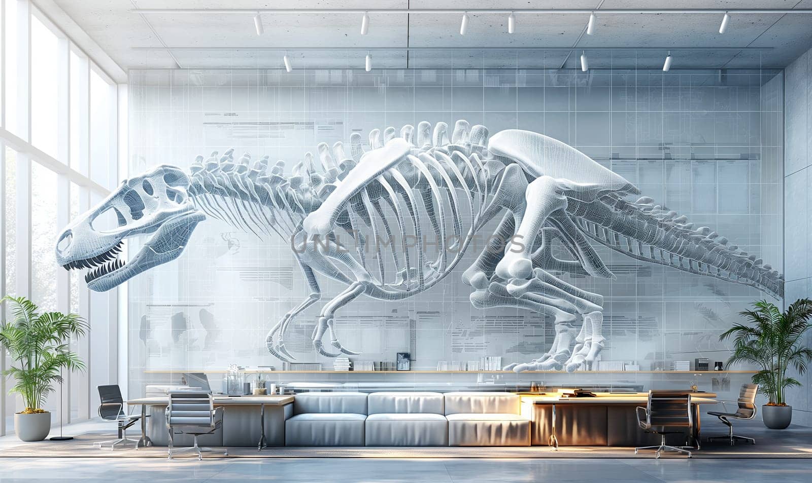 Holographic Dinosaur Display in Modern Living Room. Selective focus