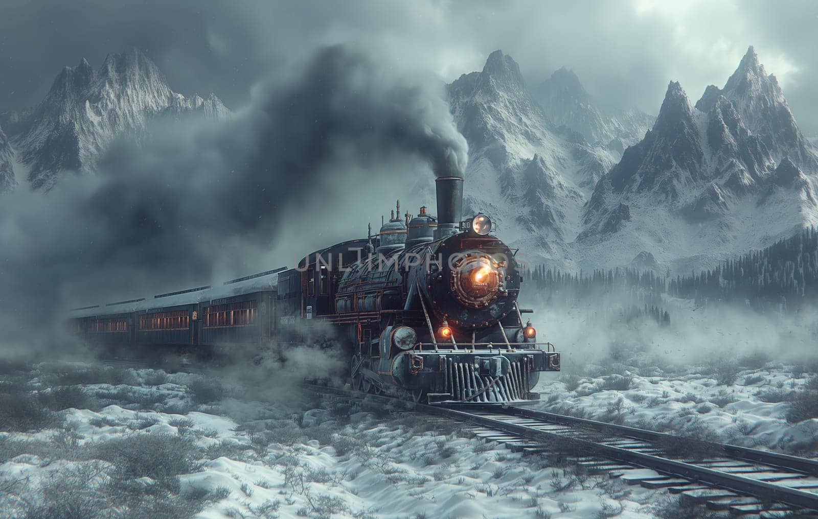 The locomotive rushes along snow-covered rails. by Fischeron