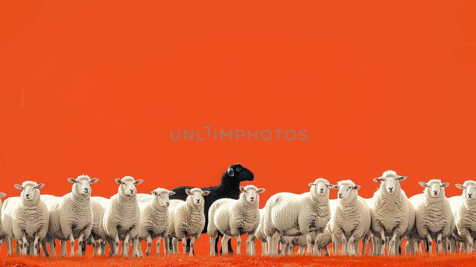 Contrasting black sheep in a group of white sheep, symbolizing uniqueness and individuality in orange background..