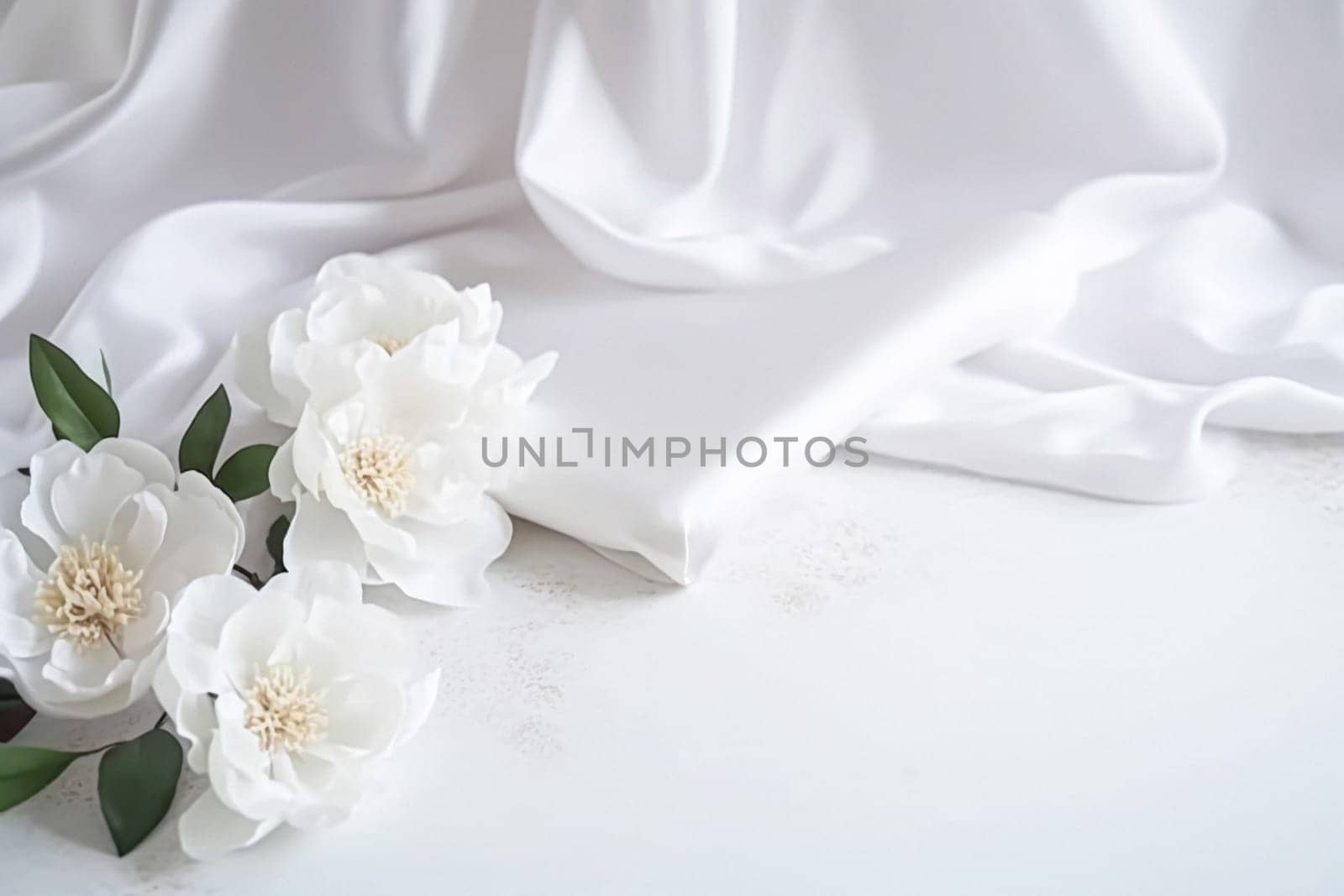 Floral composition. White flowers on white fabric. Flat lay, top view, copy space.