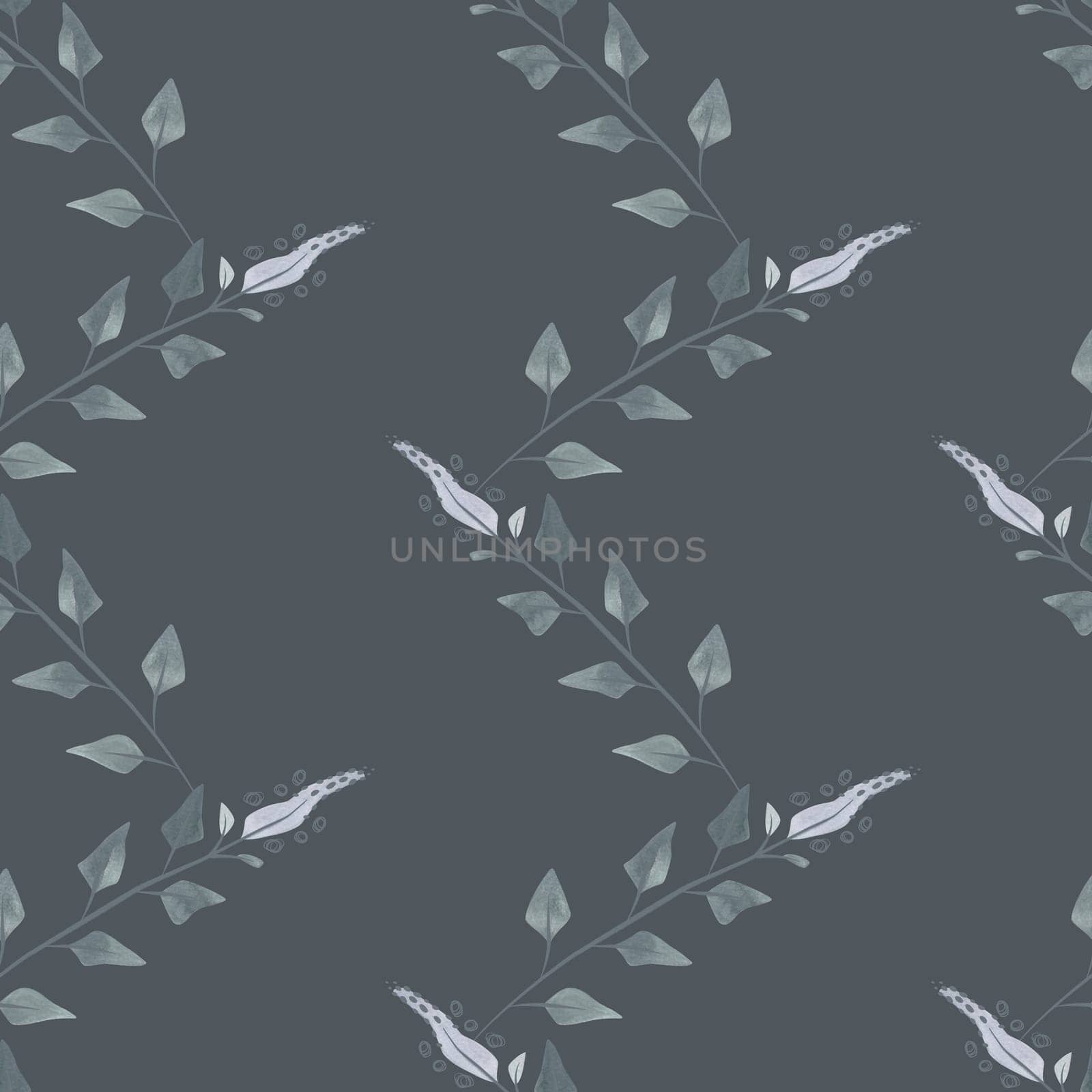 Flowering twigs and leaves of mint or lemon balm in a dusty green color in sketch style. Seamless watercolor pattern for fabric, wallpaper, wrapping paper, packaging cosmetics, tablecloths, curtains and home textiles