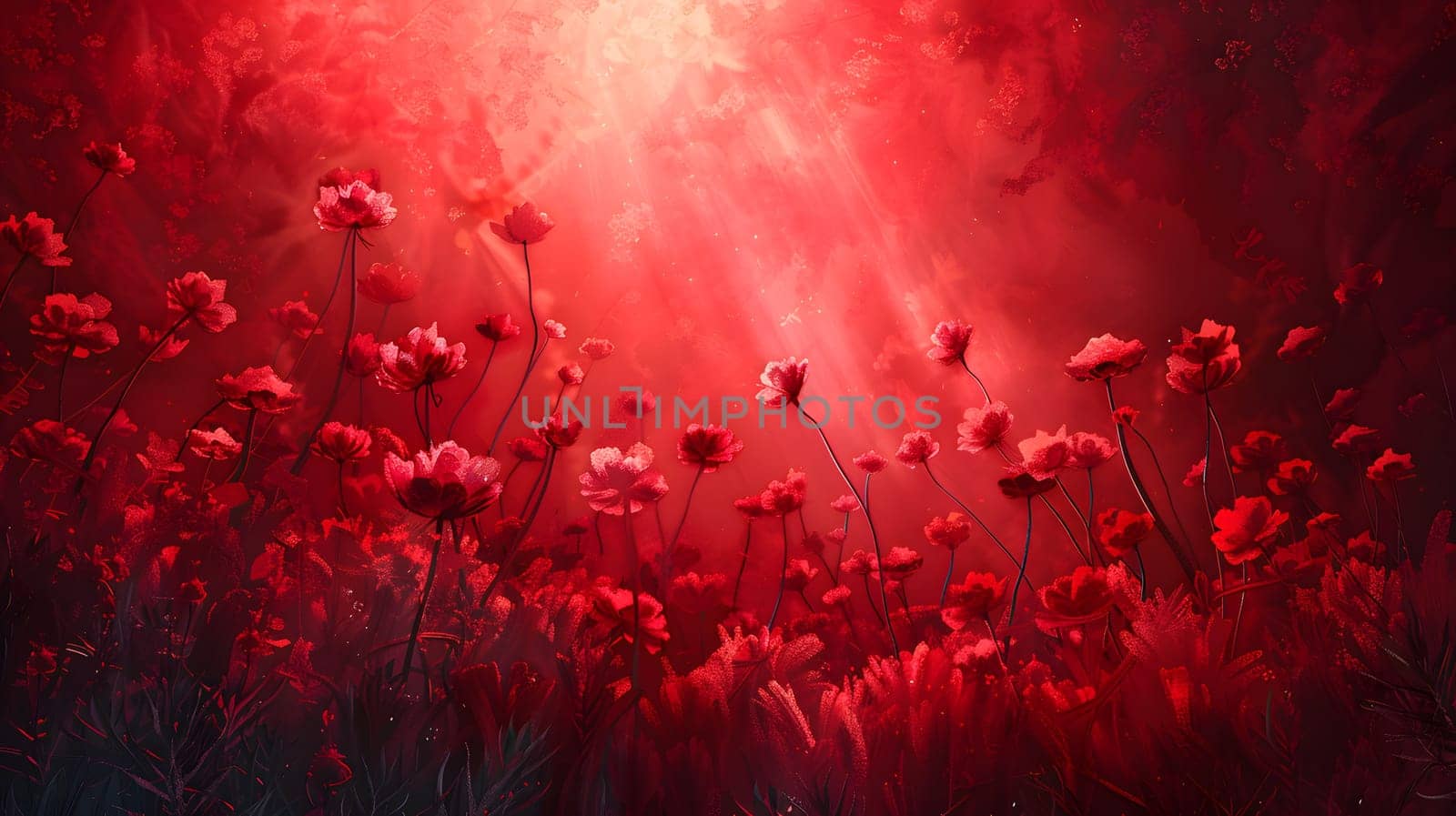 A field of red flowers under a red sky, an atmospheric phenomenon caused by gas and smoke mixing with water vapor, creating a magenta hue. The grass and plants stand out in the darkness