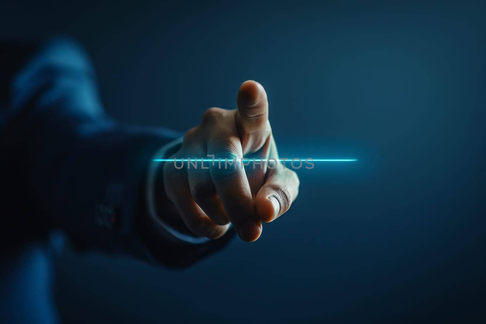 Human Hand Pointing at Something . Glowing Light Effect, Illuminated Particles with lots of Dots. Digital and Artificial Intelligence Concept.
