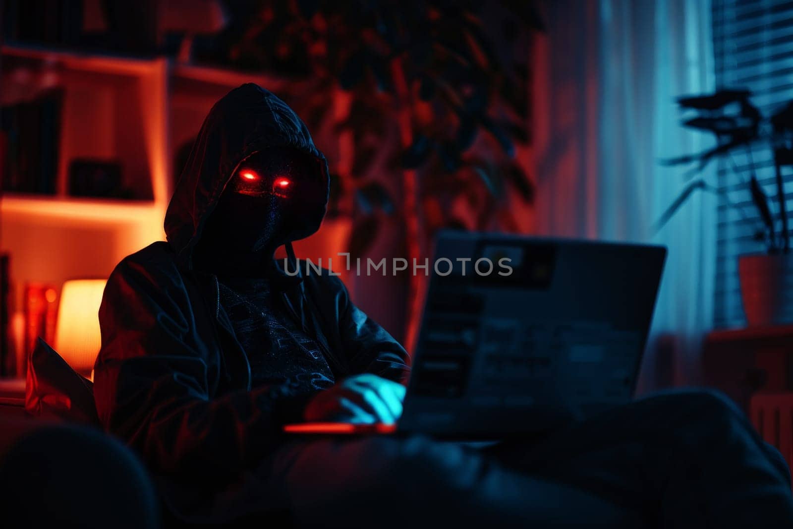 Hooded hacker with red eye using computer in dark room. Cybercrime concept..