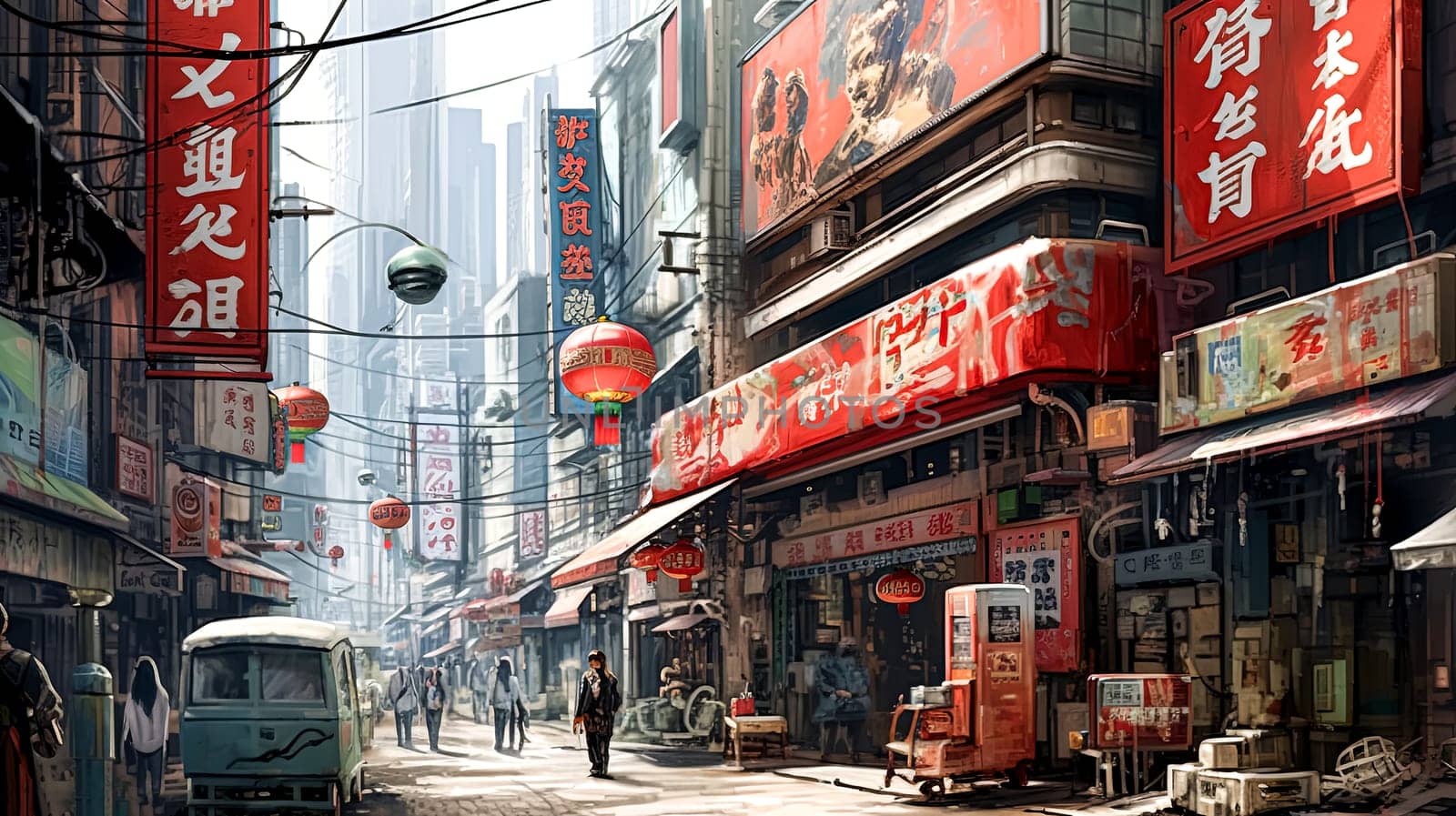 A city street with neon signs and people walking in the rain. Scene is somewhat melancholic, as the rain seems to dampen the atmosphere