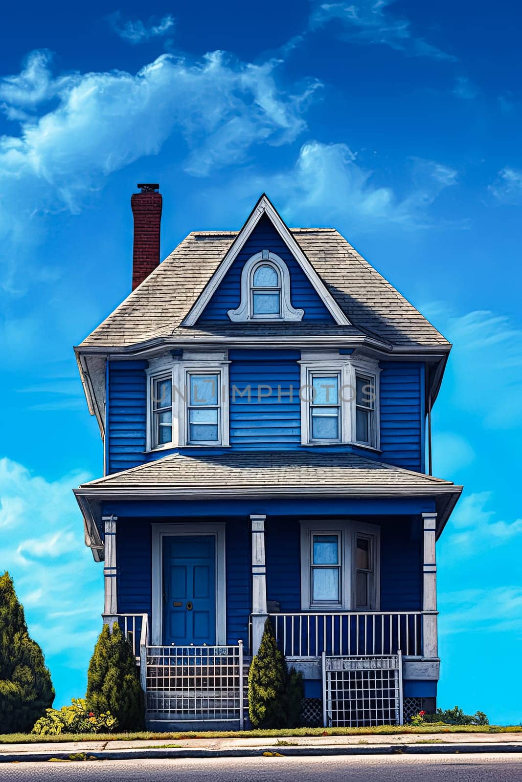 A blue house with a red roof and white trim. The house is small and has a porch. The sky is blue and there are clouds in the background