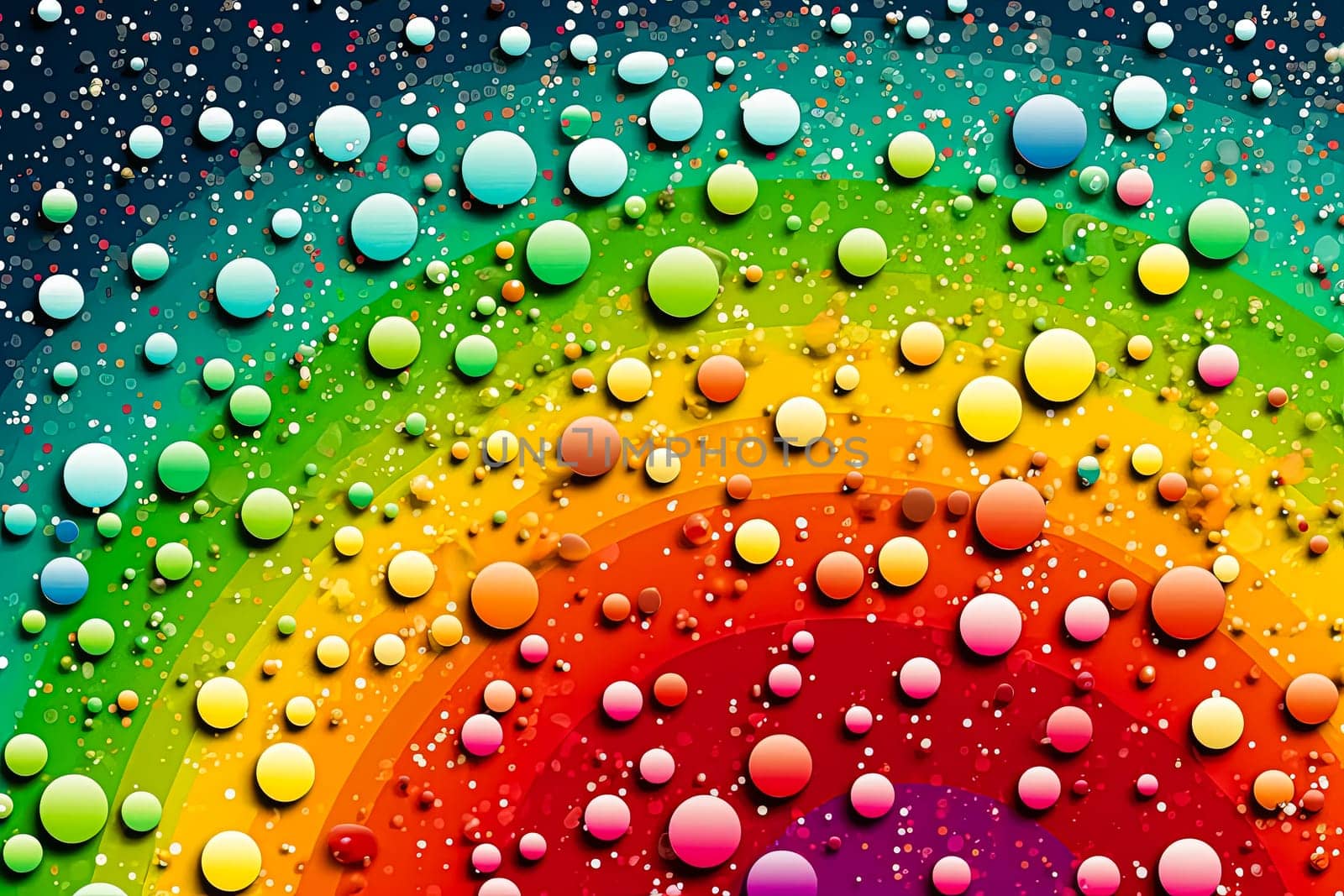 A colorful rainbow with many small, round, colorful dots. The dots are scattered all over the rainbow, creating a vibrant and lively atmosphere