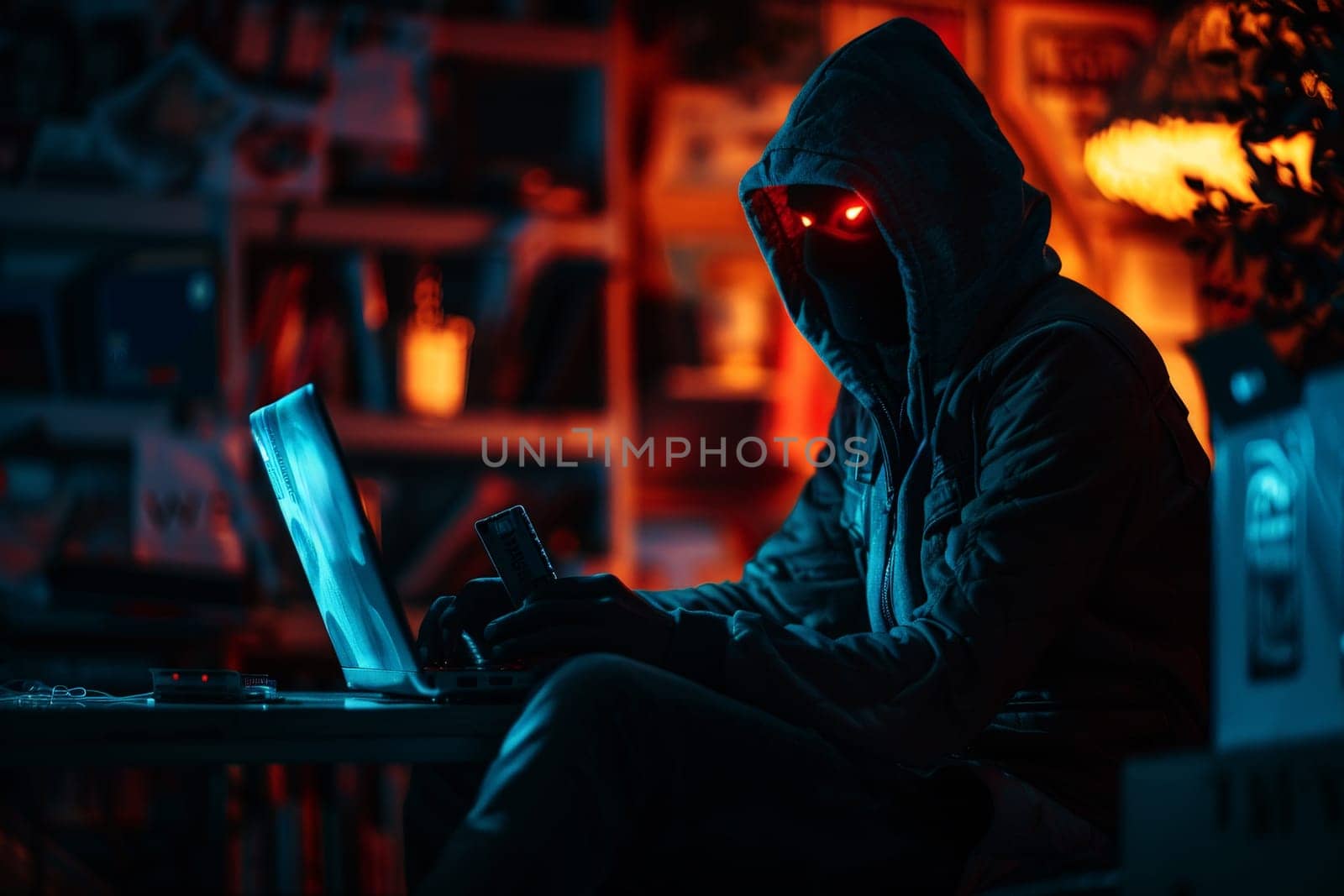 Hooded hacker with red eye using computer in dark room. Cybercrime concept..