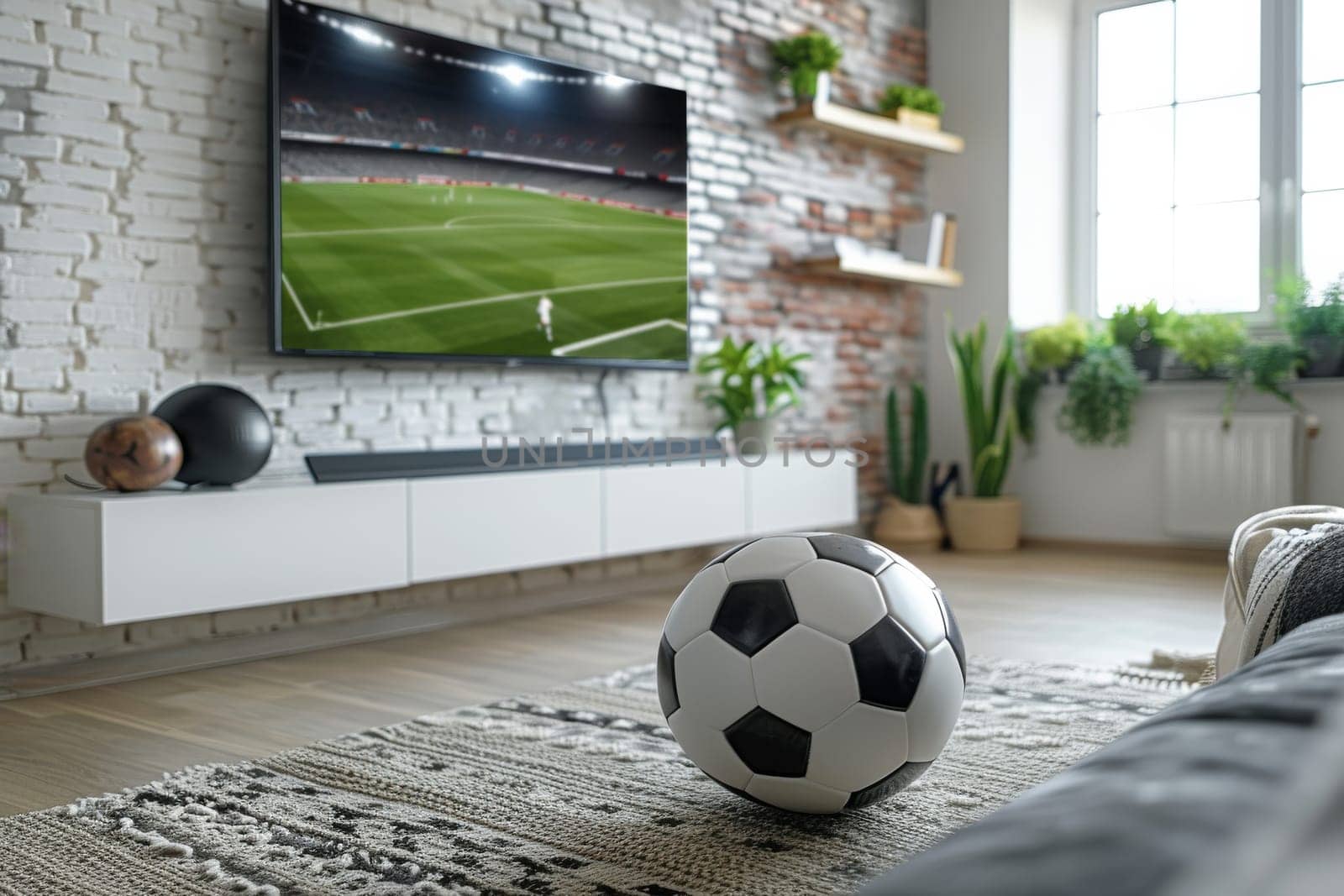 Football or Soccer Tournament concept. A football in living room with TV open Live match.