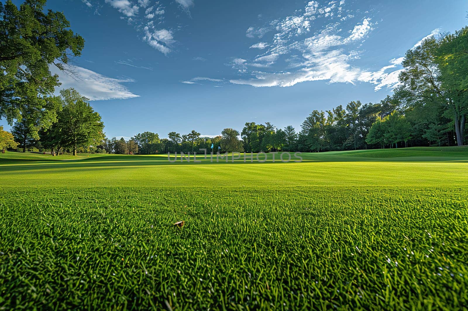 Wet grass close-up on a golf course on a sunny day.