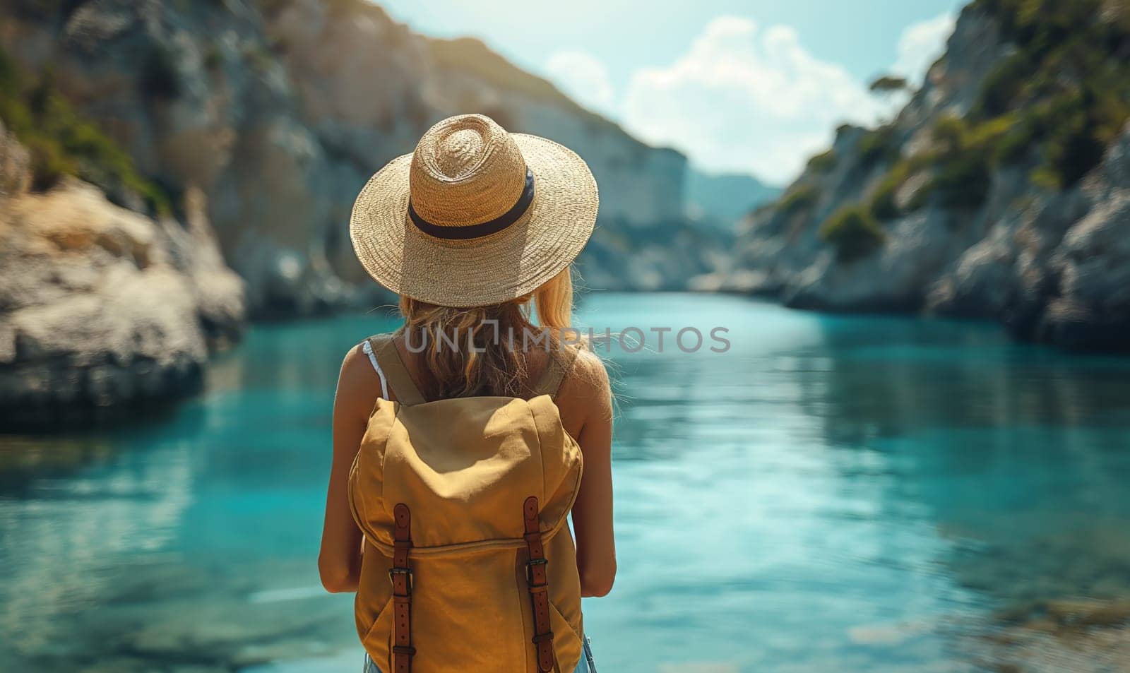 Girl traveler with a backpack on a tropical beach. by Fischeron