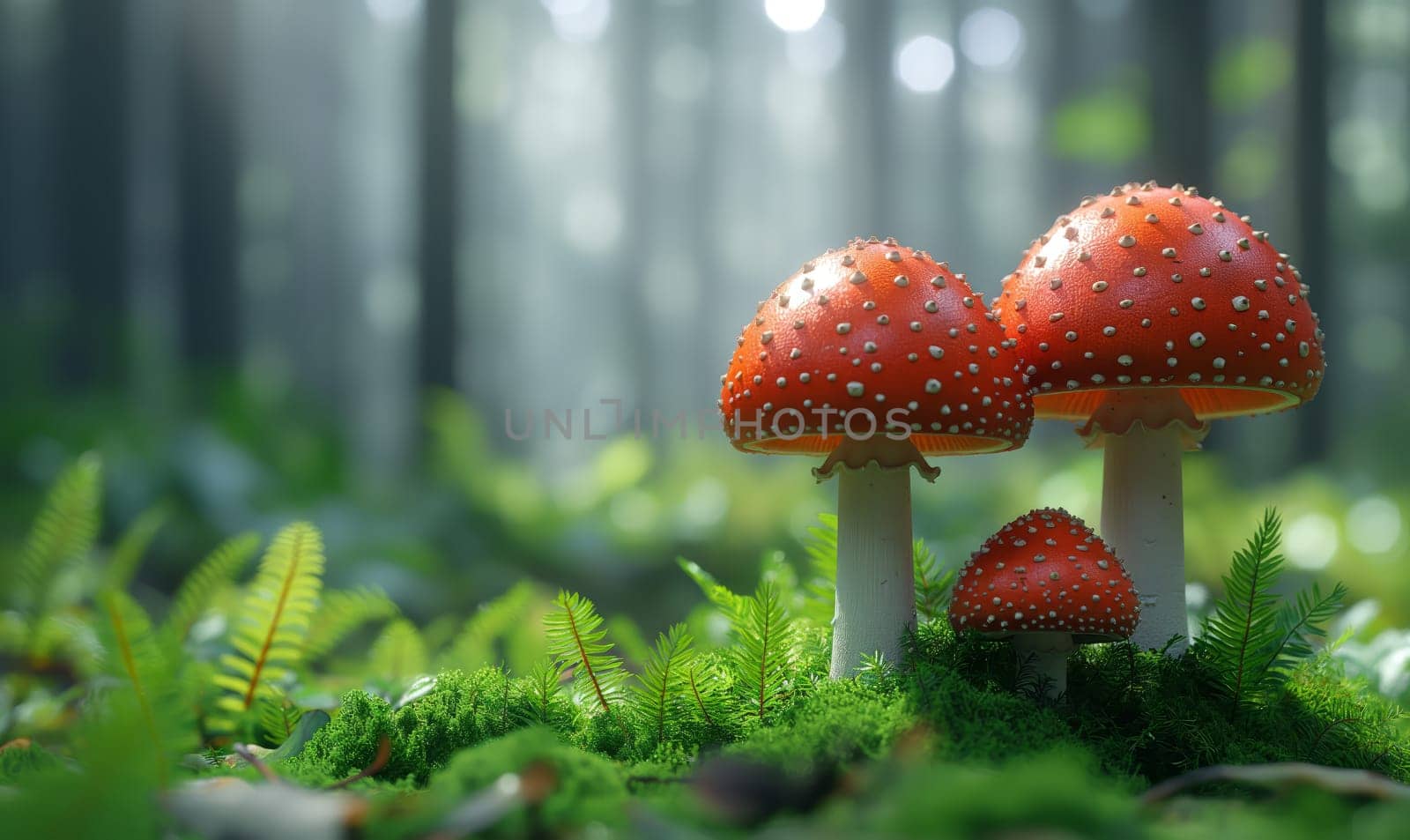 Illustration, fly agaric mushrooms in a clearing. by Fischeron