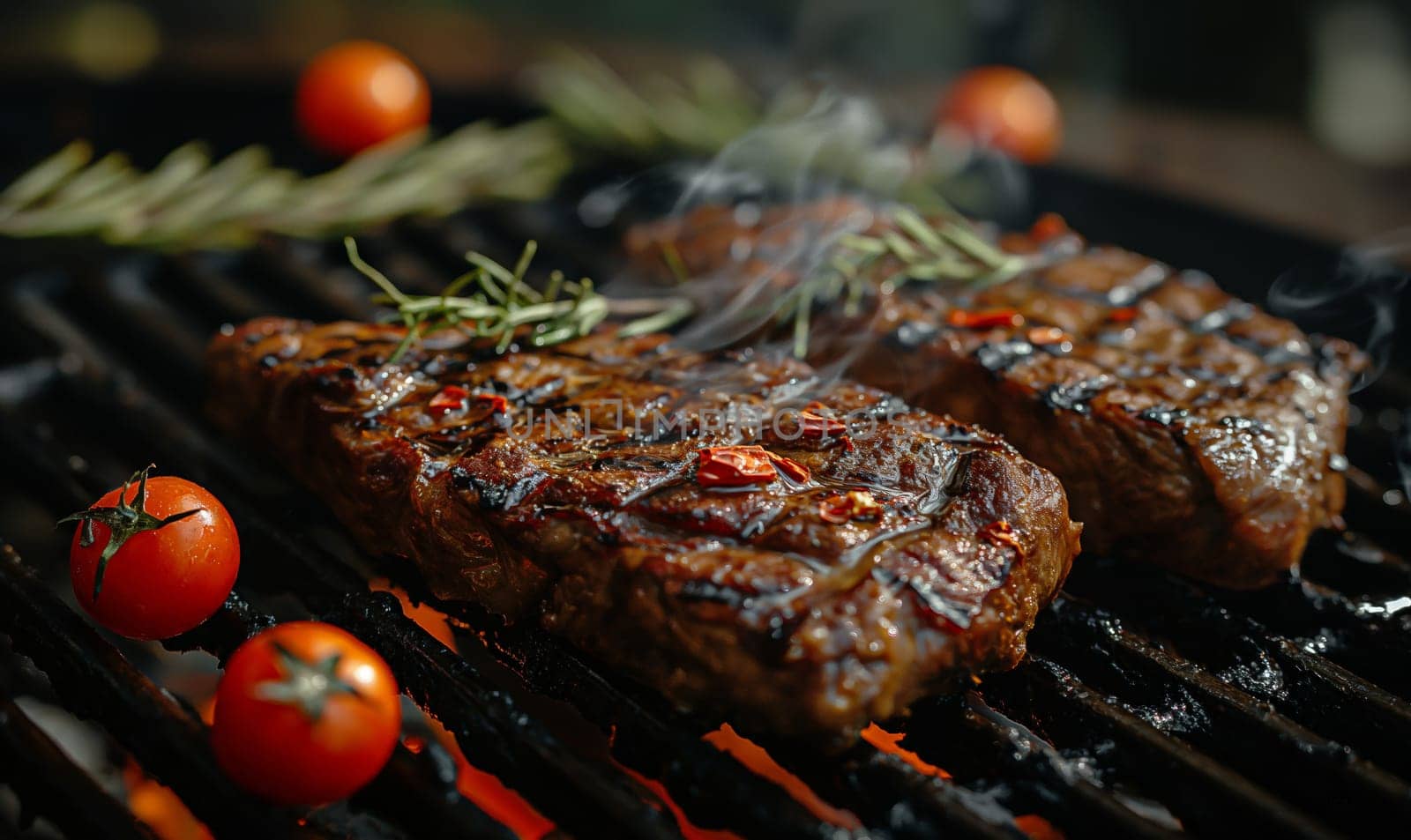 Pieces of meat cooked on the grill. by Fischeron