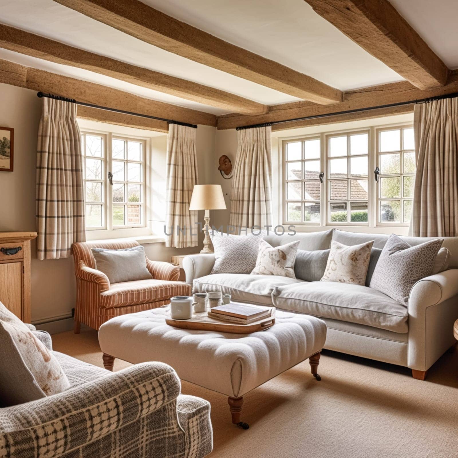 Modern cottage sitting room, living room interior design and country house home decor, sofa and lounge furniture, English Cotswolds countryside style interiors