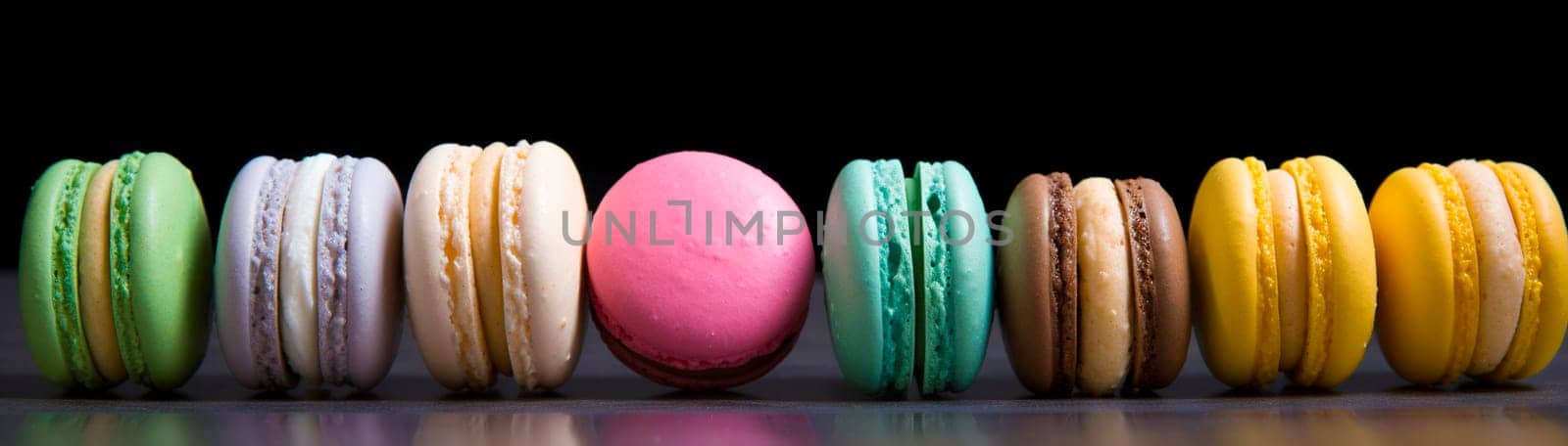 a lot of macaroons on a black background. Generative AI,