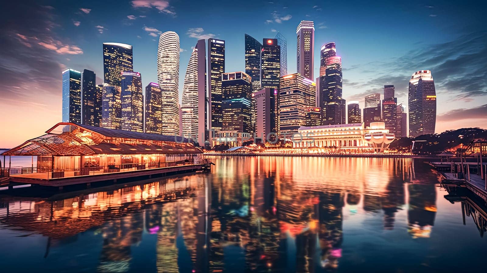 A city skyline with a large body of water in the background. The water is reflecting the lights of the city, creating a serene and peaceful atmosphere