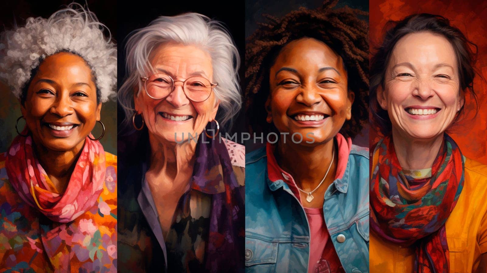 Beautiful old woman portraits of different ethnicity. Generative AI. Happy.