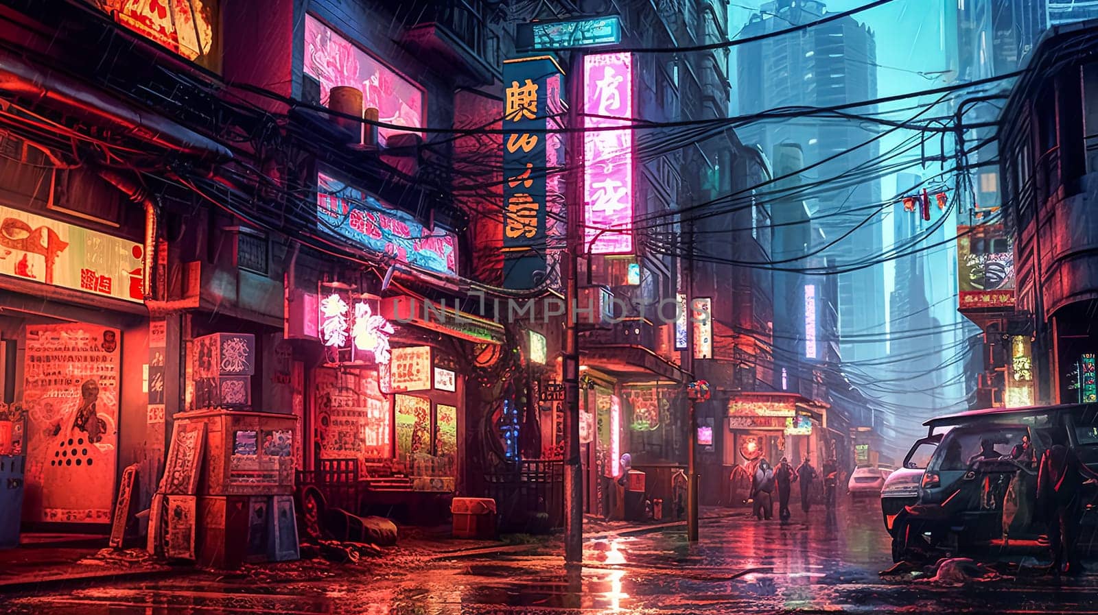 A neon city street with a car and a person walking. Scene is energetic and bustling