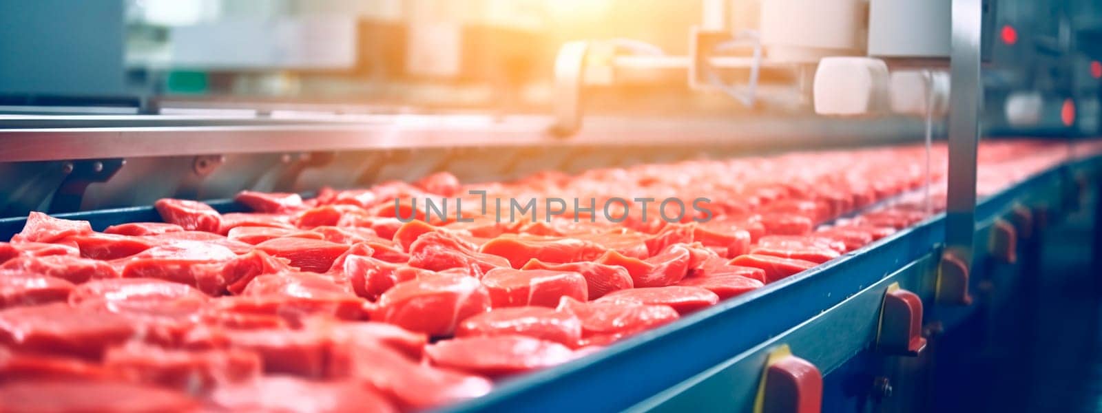 meat tape in the food industry, products ready for automatic packaging. Concept with automated food production. Generative AI, Food.