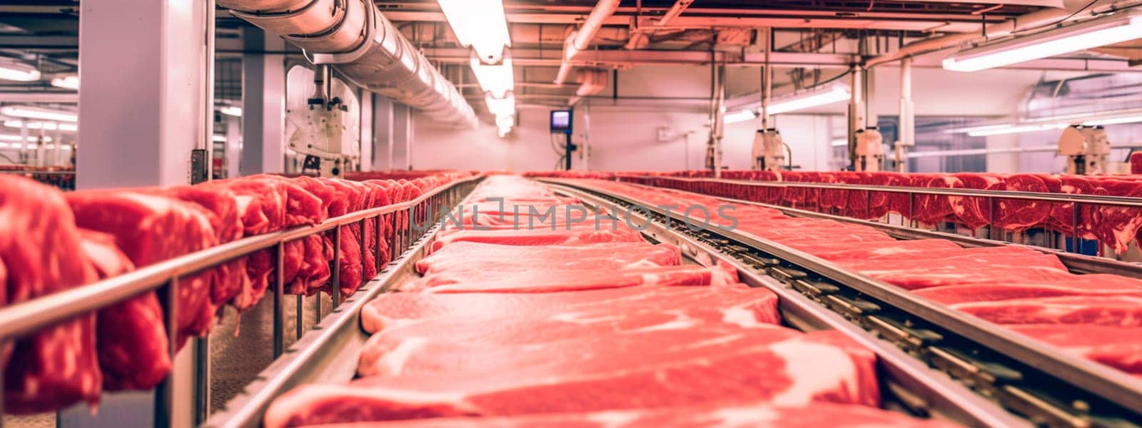 meat tape in the food industry, products ready for automatic packaging. Concept with automated food production. Generative AI, Food.