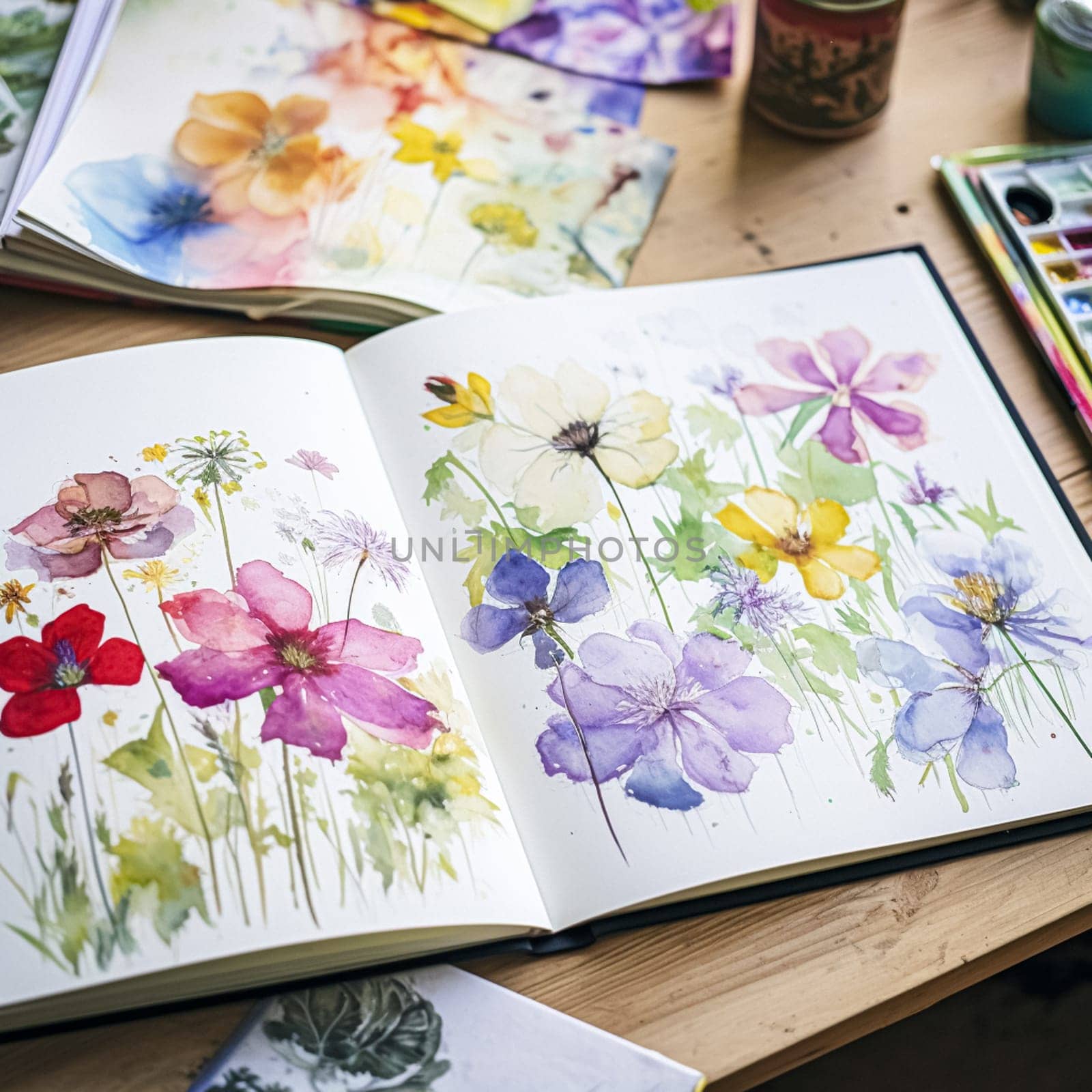 Watercolour painting of wildflowers in a sketchbook, surrounded by an array of watercolour paints and brushes on a wooden table, hobby and craft idea