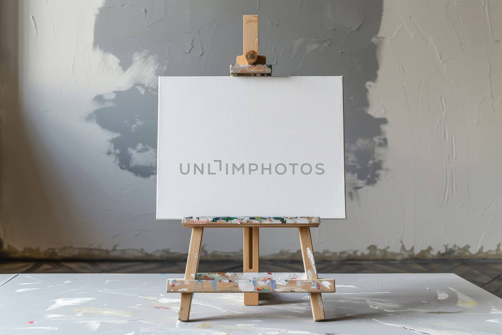 A white canvas is propped up on a wooden easel. The canvas is empty, waiting to be filled with color and creativity. The easel itself is a simple wooden structure