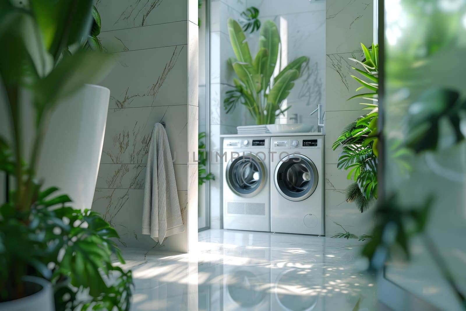 A modern house with a white washer and dryer and a green plant. The washer and dryer are placed next to each other, and the plant is in a pot on the counter. The kitchen has a clean