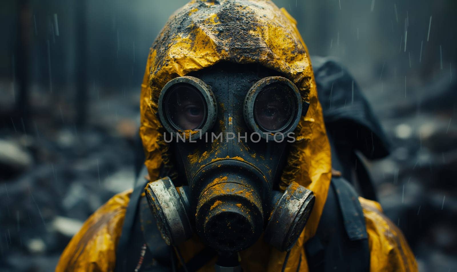 Person in Gas Mask on Rainy City Street. Selective soft focus.