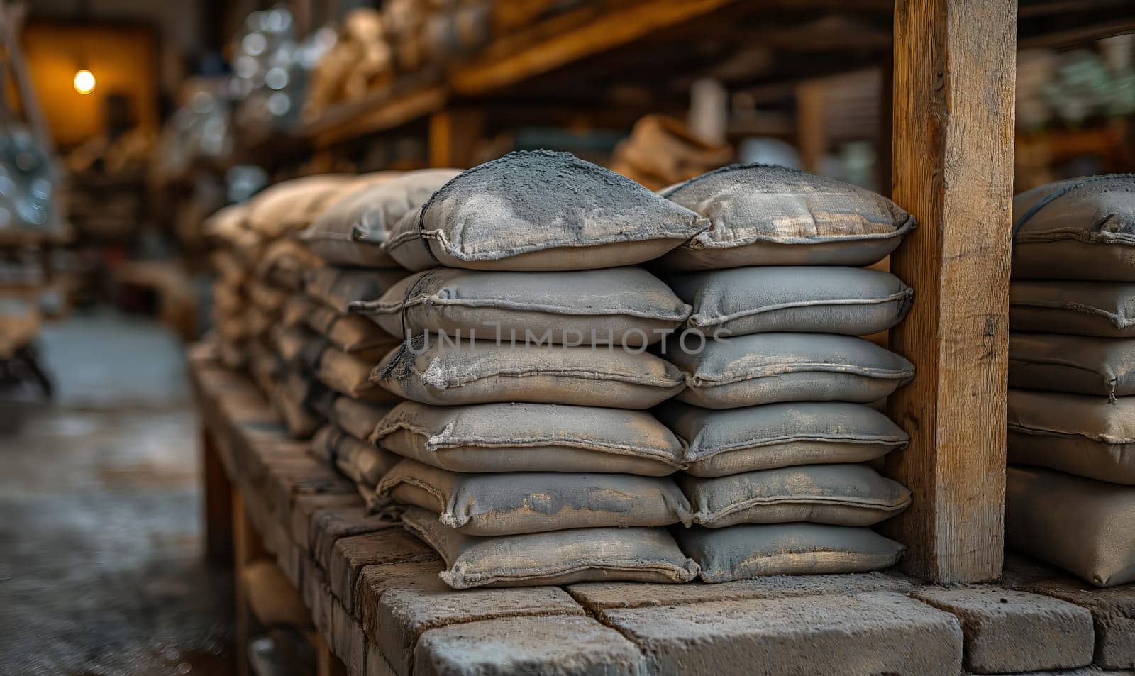 Bags of cement are stored indoors. Selective soft focus.