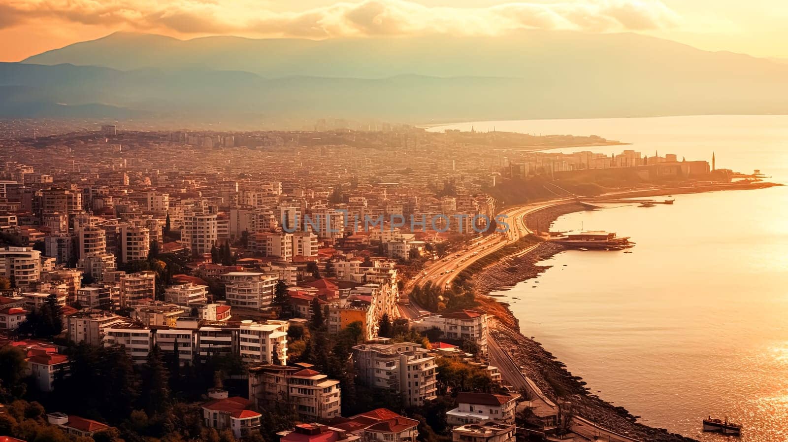 A city with a large body of water in the background. The sun is shining brightly, creating a warm and inviting atmosphere. The city is bustling with activity, with boats