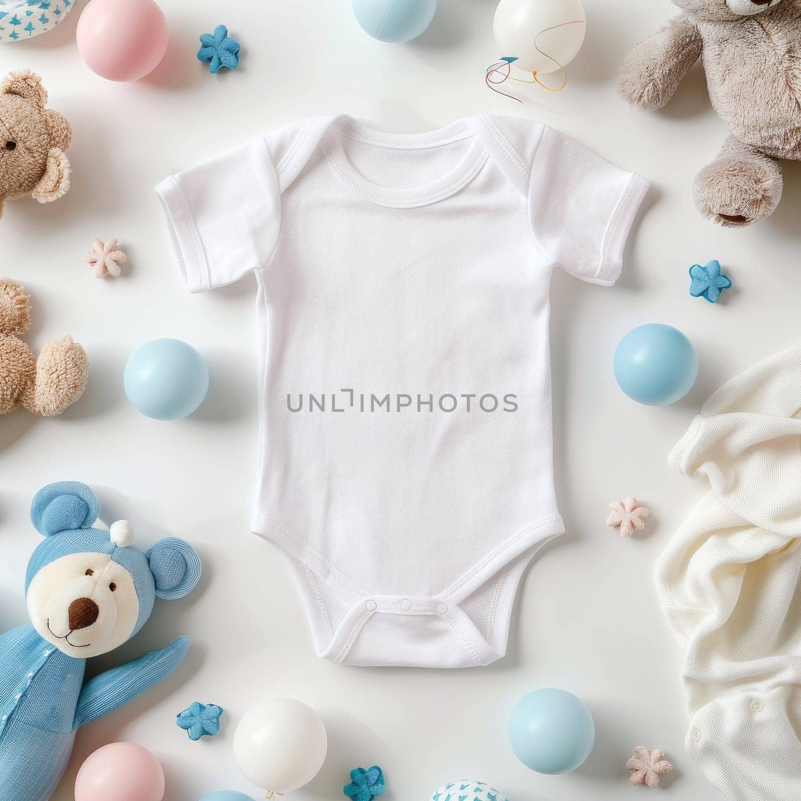 A white baby's onesie is displayed on a table with a variety of wooden toys, including a teddy bear and a toy car. Concept of warmth and comfort, as the baby's clothing