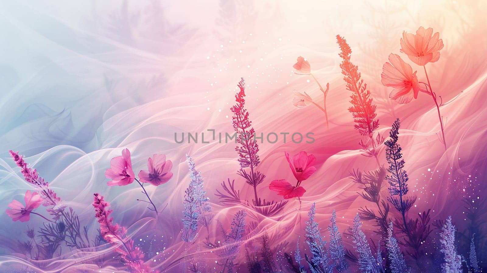 Soft pink gradient background with flowers and smoke stripes.